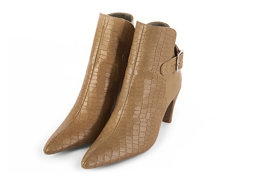 Camel beige women's ankle boots with buckles at the back. Tapered toe. High slim heel. Front view - Florence KOOIJMAN